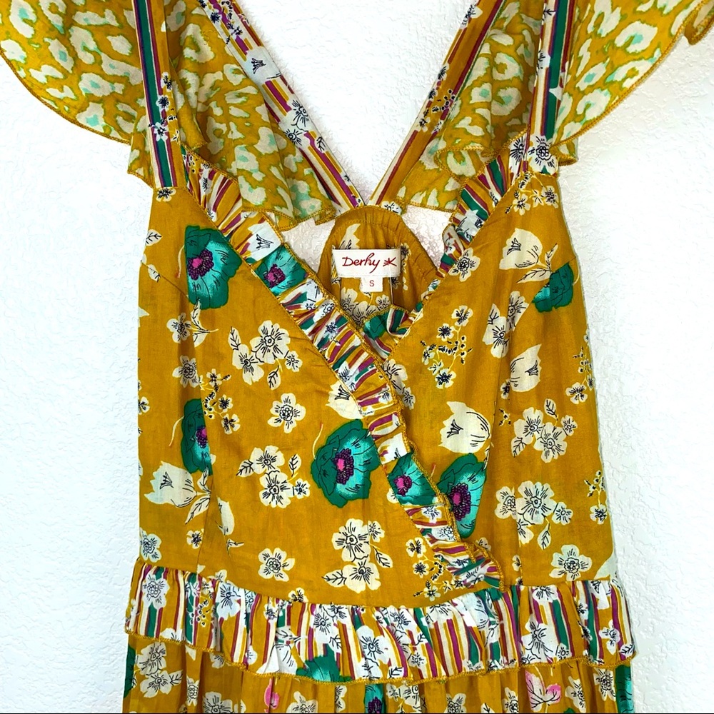 Anthro Derhy Mustard Gold Garden Floral Leopard Ruffle Midi Maxi Dress - Picture 6 of 10